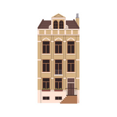 Old house facade in Europe. English British building exterior, historic townhouse, front view. Vintage European city architecture, urban style. Flat vector illustration isolated on white background