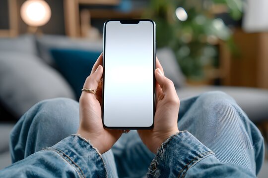Hands Holding Blank Smartphone Screen at Home - Powered by Adobe