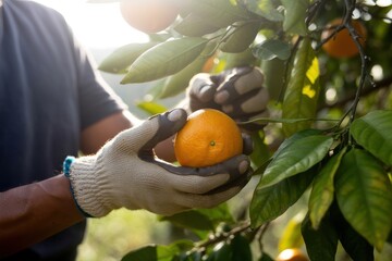 Harvest fresh oranges from a tree in an organic fruit farm