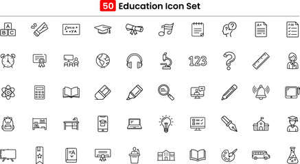 Versatile line icons focused on learning and academics. Includes book, student, graduation cap, classroom, e-learning, exam, and more. Ideal for educational platforms and infographics. 