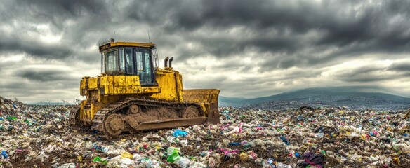 The bulldozer working at a landfill site under a cloudy sky.
