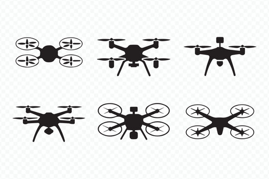 various pose drone vector set with six quadcopter silhouettes in different angles for design and stock projects