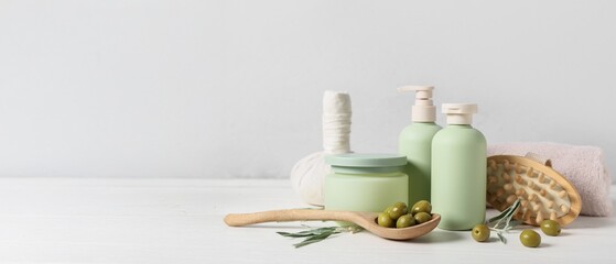 Set of natural cosmetic products, spa accessories and green olives on light background with space for text