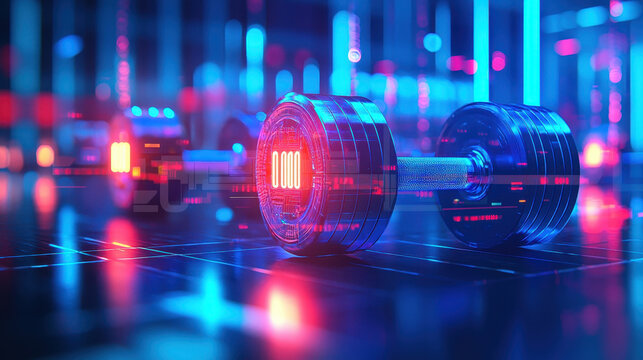 Futuristic weightlifting equipment in neon lit gym, showcasing advanced design and technology. vibrant colors create energetic atmosphere
