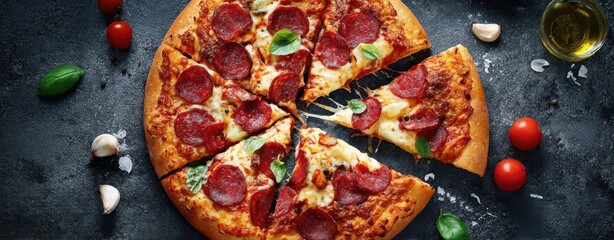 The delicious pepperoni pizza with fresh basil and vibrant ingredients.