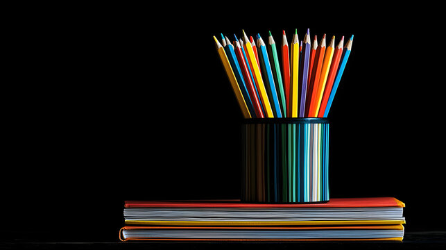 Pencils standing in a cup holder with stack of books and black background for back to school concept