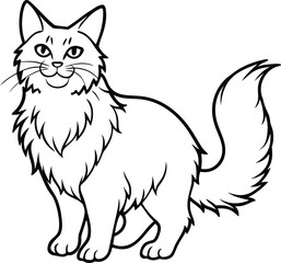 Norwegian Forest Cat Vector Illustration Isolated in Majestic Fluffy Line Art Style, Norwegian Forest Cat Vector, Fluffy Forest Cat Drawing, Majestic Pet Illustration