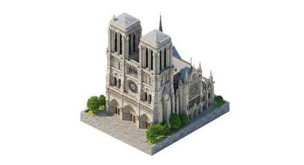 Obraz premium Architectural Marvel: An Isometric View of Notre Dame Cathedral, Paris, in Detailed 3D Rendering Against a Black Backdrop, Showcasing its Historic Beauty