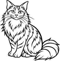 Sitting Maine Coon Vector Illustration Isolated on White Background, Maine Coon Cat Vector, Fluffy Cat Sitting Artwork, Detailed Pet Cat Drawing
