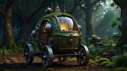 A towering, armored robot, holding a delicate, glowing musical instrument, stands sentinel beside a shimmering, otherworldly car door, its wheels embedded in mossy ancient stones.