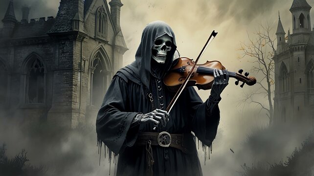 A ghostly figure, wreathed in mist, plays a spectral violin, its mournful notes echoing through an abandoned, gothic manor.
