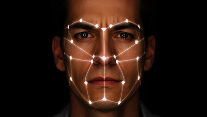 Man with glowing facial recognition grid face technology