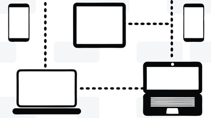 Illustration of interconnected devices including laptops tablets and smartphones in network diagram