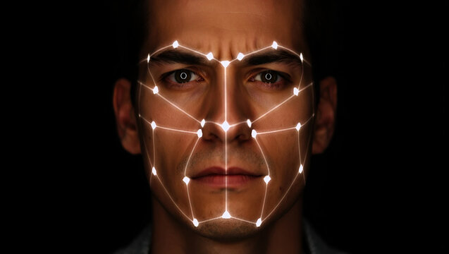 Man with glowing facial recognition grid face technology