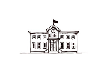 Drawing of a classic school building with a flag on top  