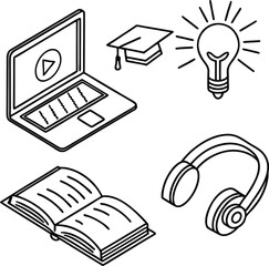 "E-learning and Online Education Icon Set – Laptop, Book, Headphones, Lightbulb, Graduation Hat"