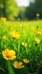 Fototapeta premium Sunlit Buttercup Meadow Vibrant Yellow Flowers in a Lush Spring Landscape, Perfect for Nature, Floral, and Springtime Designs. Ideal for Websites, Blogs, and Publications.