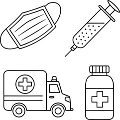 "Medical Emergency Icon Set – Face Mask, Syringe, Ambulance, Medicine Bottle"

