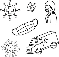 "Medical Line Icons Including Virus, Face Mask, Ambulance and Medicine"
