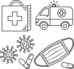 "Healthcare Line Icons Including Emergency Kit, Virus, Mask, and Medicine"