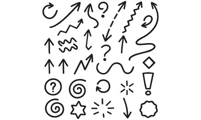 Collection hand drawn arrows. Set simple arrows isolated on white background. Arrow mark icons