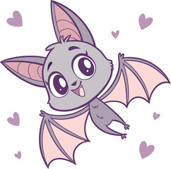 “Cute Cartoon Bat with Big Eyes Flying Surrounded by Purple Heart Symbols”