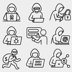 Hacker Activities - Cybersecurity Line Art Vector Icons