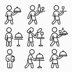 Professional Waitstaff Stick Figures - Restaurant Service Vector