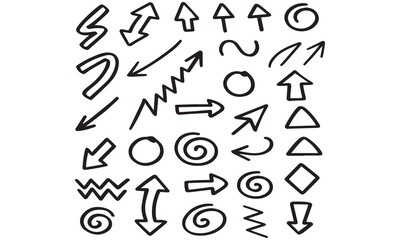 Collection hand drawn arrows. Set simple arrows isolated on white background. Arrow mark icons