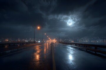 Wet Night Road Reflections Under Moody Sky