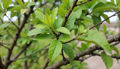 Sunlight shining through fresh green leaves in natural setting  