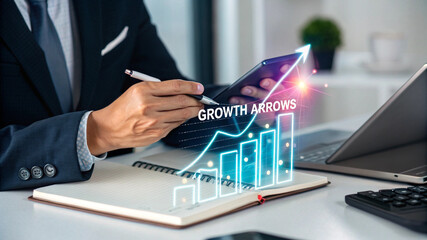 Hands Interacting with Growth Arrows Chart on Tablet