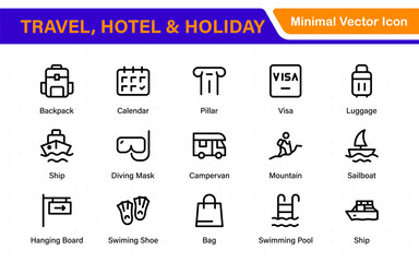 Travel outline icons set. Travel, hotel, holiday, tourism, beach, plane, map, agent and insurance. Booking, reservation, room, airport, accommodation.