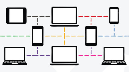 Network diagram showing interconnected laptops tablets and smartphones with colored dashed lines