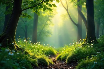 Obraz premium Sunlit Forest Floor Dappled Light Illuminates Moss, Wildflowers, and a Peaceful, Spiritually Evocative Scene of Natural Beauty and Tranquility.