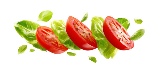 Sliced tomatoes, lettuce leaves, and pepper flying in the air  isolated on a transparent background