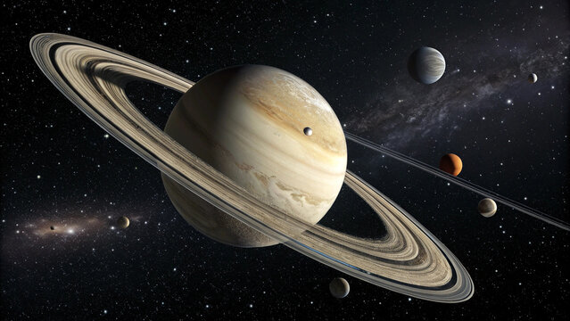 Saturn planets in deep space with rings and moons surrounded with clipping path