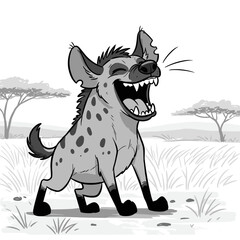 A cartoon hyena stands playfully on a grassy savanna with an open mouth, spotted body, bushy tail, and acacia trees in the background.