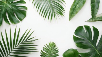Tropical Leaves in Circular Pattern on White Background  Vibrant Colors and Lush Greenery in Flat Lay Design