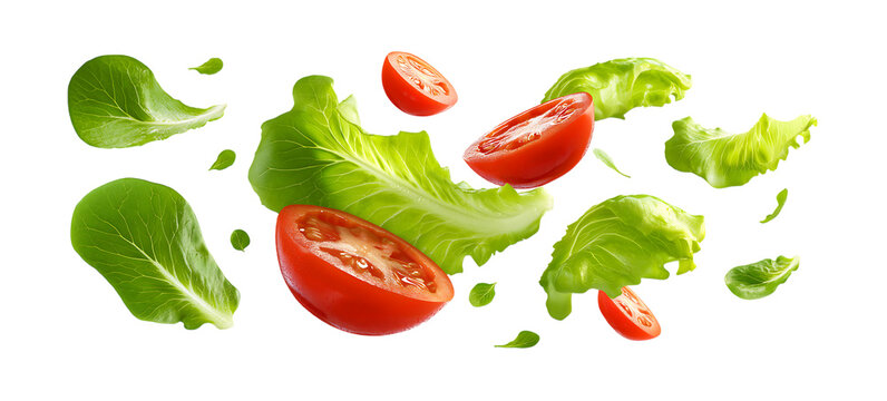 Salad ingredients levitating in the air, Salad leaves and tomato slices floating isolated on a transparent background