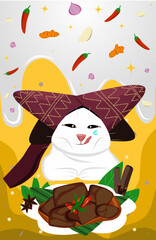 Cute Padang Cat with Delicious Rendang Dish from Indonesia