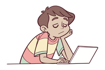 Online Melancholy: A Cartoon depiction of a person, leaning on a hand, appears lost in thought in front of a laptop, portraying a sense of boredom or frustration with online activity.