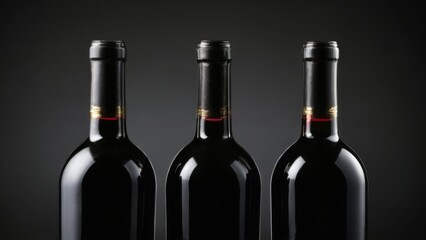 Red Wine Bottles Arranged in Row with Metallic Finish and Gold Labels on Black Background  Dark Mysterious Mood