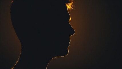 Silhouette of person facing right with head turned left against dark background, low angle view in warm gradient.