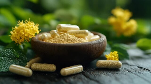 Herbal supplement capsules and powder in wooden bowl surrounded by green leaf and yellow flower conveying natural health and wellness remedies with calm atmosphere for holistic wellness