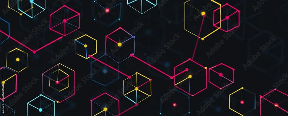 Poster vector flat color illustration of a geometric pattern background with colorful lines and dots techno