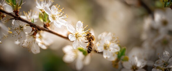 The bee pollinating beautiful blossoms in a serene spring garden atmosphere.