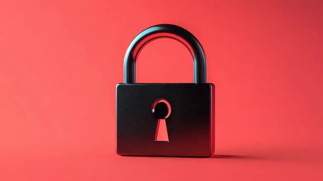 Black padlock with keyhole red background symbolizing security protection safety privacy metal closed secure lock with smooth texture and minimalistic modern design concept conveying strong sense