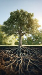 3D illustration of a tree showing clear and distinct sections of roots, trunk, and leaves