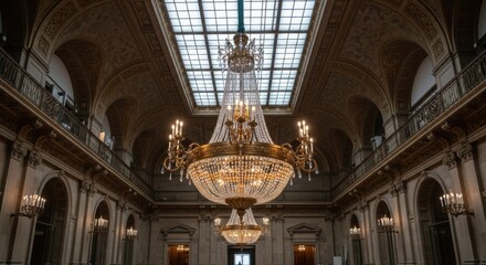 Magnificent Grand Hall with Ornate Chandelier and Skylight